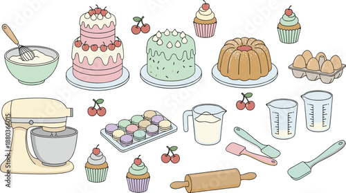 Baking and Dessert Illustration Set Featuring Cakes, Cupcakes, Macarons, Mixer, Rolling Pin, Measuring Cups, Eggs, Cherries, and Kitchen Tools