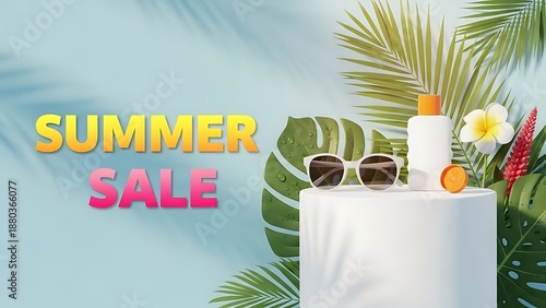Summer sale promotion with tropical vibes, featuring sunscreen and sunglasses on a podium