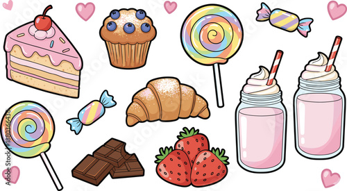 Colorful Sweet Treats Illustration Set Featuring Cake Slice, Muffin, Lollipops, Candy, Croissant, Strawberries, Milkshakes, and Delicious Dessert Elements