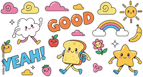 Cute Positive Doodle Illustration Set Featuring Happy Cloud, Star, Toast Character, Rainbow, Sun, Fruits, Motivational Words, and Colorful Kawaii Elements