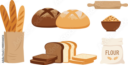 Fresh Bread and Baking Ingredient Illustration Set Featuring Baguettes, Loaves, Sliced Bread, Flour Bag, Rolling Pin, and Whole Grain Bowl Elements
