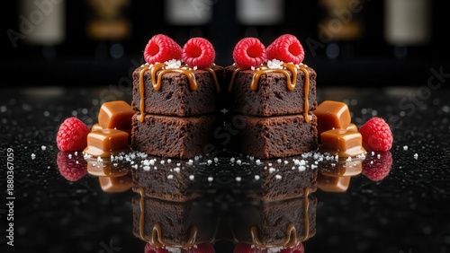 Symmetrical arrangement of two decadent chocolate brownies topped with fresh raspberries and caramel drizzle, served on a dark reflective surface