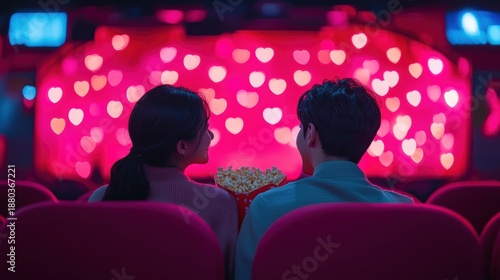 Young romantic loving couple with popcorn watching movie in cinema, relationships and lifestyle concept,bokeh pink heart in cinema,romantic spending time together,valentine day concept.