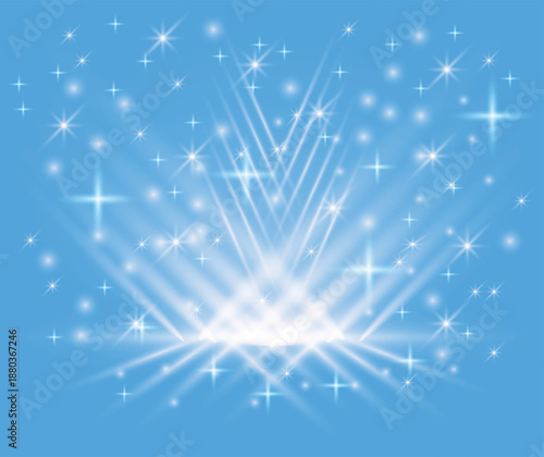 Sparkling white light on blue background with glittering stars