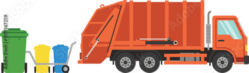 Garbage truck illustration, waste bins segregation, recycling concept, orange truck design, environmental sustainability, waste management, eco-friendly collection, urban sanitation