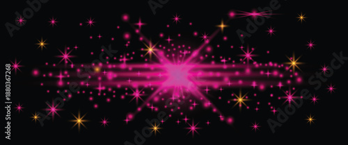 Vibrant pink starburst with glowing lights on black background