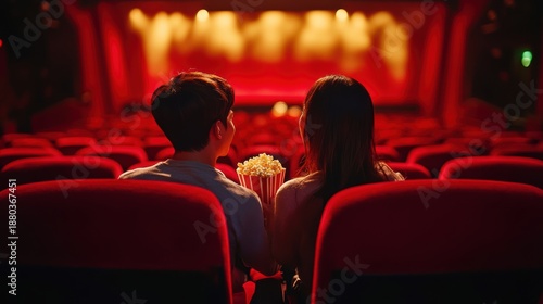Young romantic loving couple with popcorn watching movie in cinema, relationships and lifestyle concept,bokeh pink heart in cinema,romantic spending time together,valentine day concept.