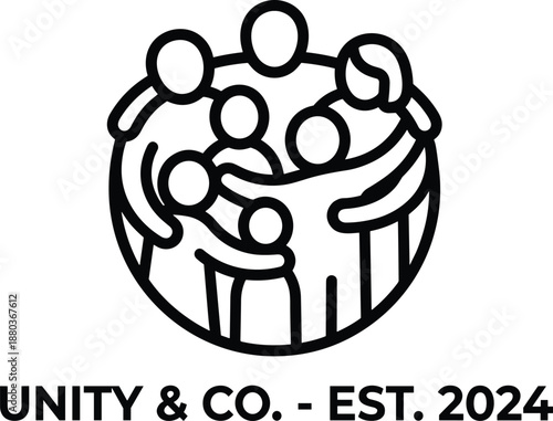 Unity community logo illustration, people teamwork circle icon, social support group symbol, diversity inclusion concept, nonprofit organization branding design