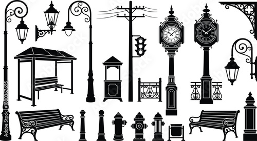 Urban street furniture silhouettes set, vintage lamppost benches clocks traffic lights park elements city outdoor black vector illustration