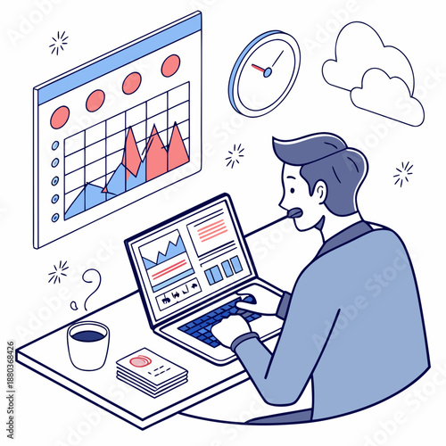 Professional working on business analytics and cloud data management at a desk. This isometric line art illustration depicts a professional engaged in data analysis and management. The person is seate