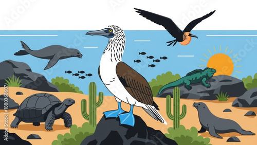 A colorful vector illustration of a blue-footed booby and various wildlife in a desert coastal ecosystem