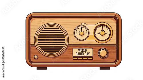 A vintage wooden radio with a World Radio Day label on a white background