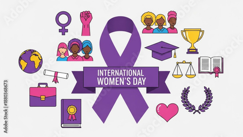 A vibrant illustration celebrating International Women's Day with purple and pink icons