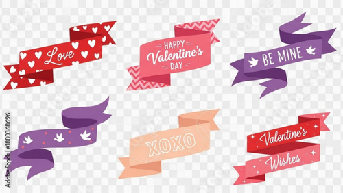 A set of colorful Valentine's Day ribbons and banners with love messages