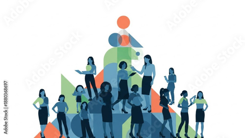 A group of businesswomen standing on a colorful abstract shape in a modern vector illustration
