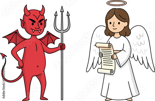 angel and devil, cartoon characters, good evil, halo wings, trident horns, scroll, contrast, morality, symbolic art, duality concept