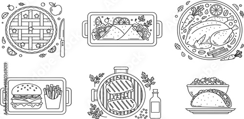 Vector line art icon set featuring apple pie, roast chicken, grilled steak, hamburger with fries, tacos, and gourmet wraps, food,