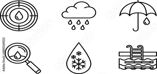 Vector collection of line icons featuring water drops, rain clouds, waterproof umbrella, magnifying glass, frozen liquid, and swimming pool safety symbols