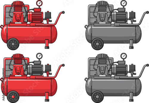 Air compressor illustration, industrial machine, red compressor, grayscale compressor, pressure gauge, motor fan, cylindrical tank, portable equipment, mechanical design, tool graphic