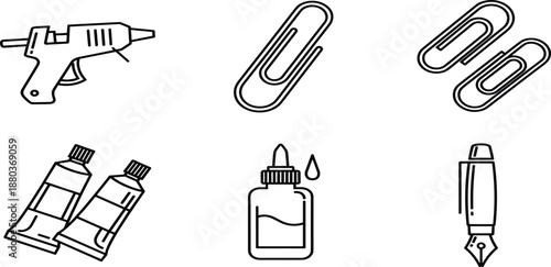 Set of six white vector line icons featuring hot glue gun, paper clips, paint tubes, liquid glue, and fountain pen.