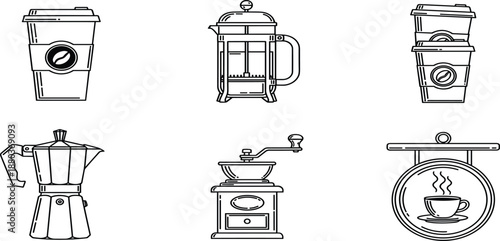 Set of six white vector line icons featuring coffee cup, french press, moka pot, coffee grinder, and cafe hanging sign.