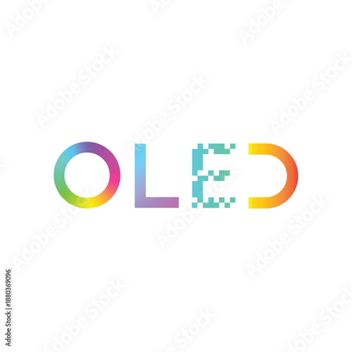Modern OLED Technology Logotype with Digital Dot Matrix Effect, Multicolor Gradient Screen Display Vector Design