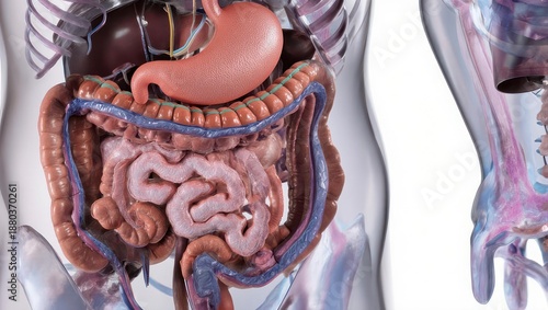 Detailed anatomical view of the digestive system.  Transparent human torso highlighting the internal organs, including stomach, intestines, liver, and other major components of the digestive tract