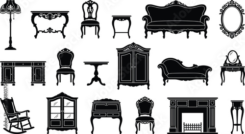 Vintage furniture silhouettes collection, antique chair sofa table wardrobe mirror lamp fireplace decor icons, classic interior design elements set