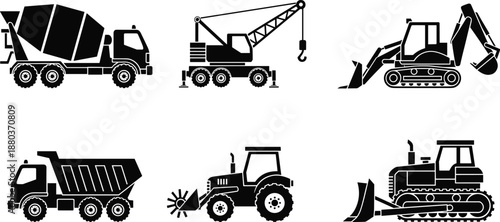 Construction vehicle silhouettes, cement mixer, mobile crane, backhoe loader, dump truck, tractor tiller, bulldozer, heavy machinery, industrial icons, farming