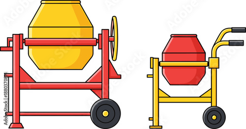 concrete mixer, construction equipment, yellow red drum, manual operation, industrial tool, mobility wheels, building site, comparison, heavy duty, machinery