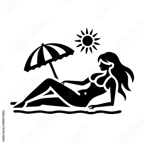 beach girl sunbathing lying icon silhouette illustration for summer and vacation design 