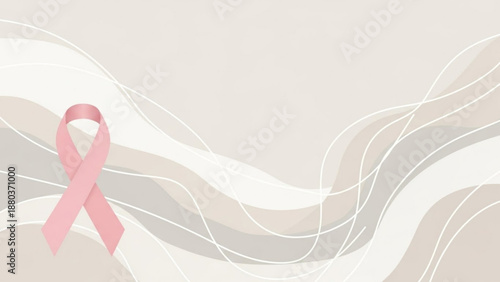 A pink breast cancer awareness ribbon on a beige background with wavy lines