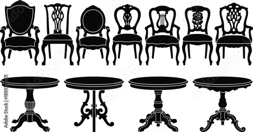Vintage chair and table silhouettes collection, antique furniture set with classic wooden chairs round tables elegant interior design