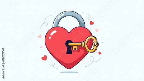 A heart shaped lock with a key inserted in a romantic vector illustration
