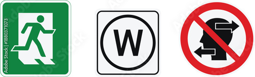 Emergency exit sign, no talking symbol, warning icon set, safety signage vector, public instruction signs, green red black design, workplace caution