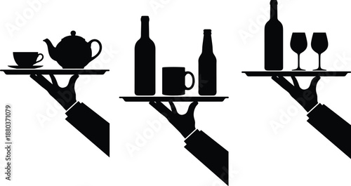 Waiter hand serving drinks silhouettes, tray with tea coffee wine bottles glasses, hospitality service concept, isolated black vector