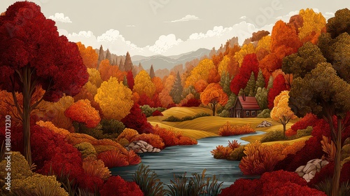 Pixel Art Autumn Landscape with Vibrant Red Orange and Yellow Trees Reflected in Calm Stream with Cabin in Background Under Cloudy Sky