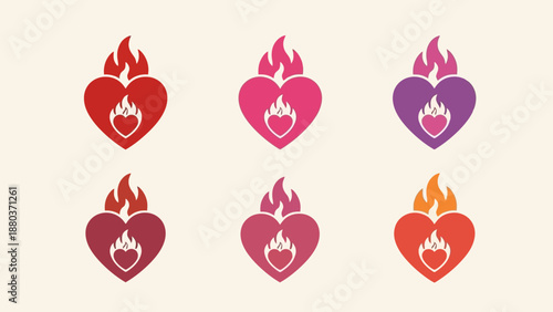 Collection of Heart Icons with Flames.