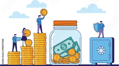 Financial growth illustration, savings jar, coin stacks, secure safe, investment concept, wealth protection, personal finance, money security, financial planning, success