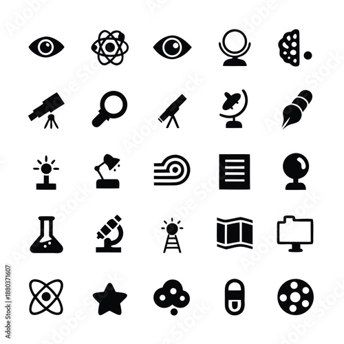 A collection of black and white science icons