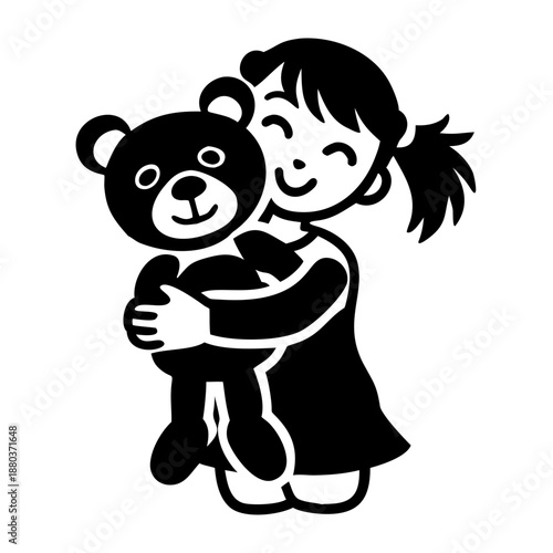 girl hugging teddy bear icon silhouette illustration for children and toy design 