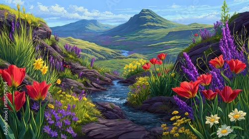 Pixel Art Landscape with Vibrant Red Tulips Purple Flowers and Lush Green Mountains in the Background Under a Bright Blue Sky