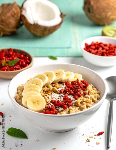 A bowl of oatmeal topped with sliced bananas, goji berries, and a sprinkle of seeds