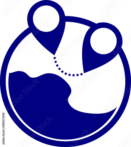 Blue Migration Icon: Professional Global Route Tracking Vector with Location Pins and Dotted Path for Travel Apps, Logistics and Navigation UI Design
