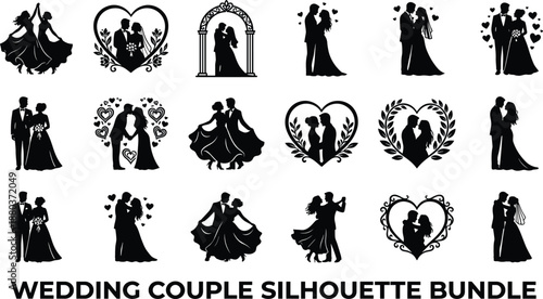 Wedding couple silhouette bundle, romantic bride groom love poses, elegant marriage dance scenes, black vector illustration collection