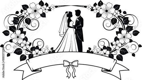 Wedding couple silhouette with floral frame and ribbon banner elegant romantic ceremony illustration isolated on white background