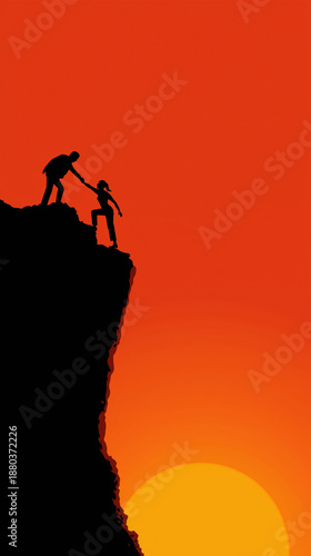 Vertical silhouette of teamwork partnership: man helping friend climb up mountain cliff at sunset. Business support, leadership and trust concept art