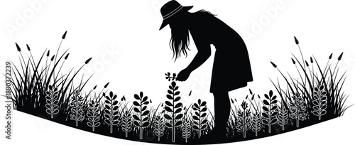 Woman caring for plants silhouette, peaceful gardening scene, nature growth concept, outdoor planting illustration, sustainable lifestyle background art