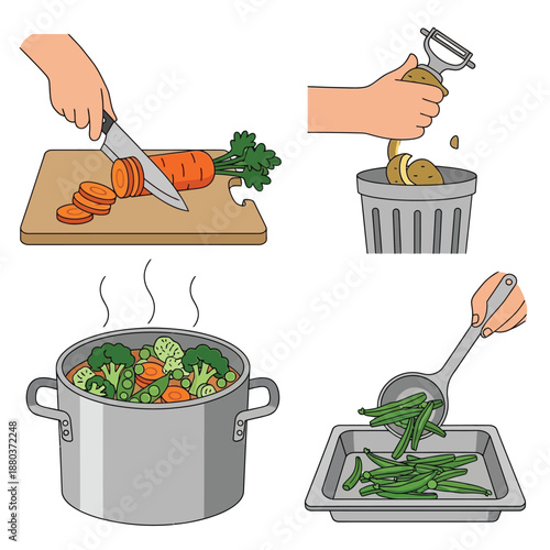 Detailed illustration of cooking process, including chopping carrots, peeling potatoes, boiling mixed vegetables, and serving green beans.