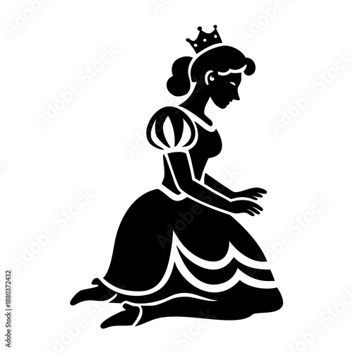 princess kneeling in curtsy icon silhouette illustration for fairy tale and children’s design 